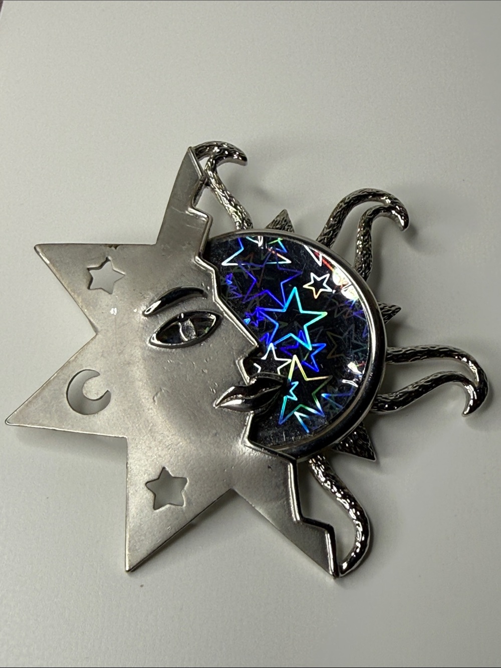 Vintage JJ Jonette Silver Sun & Moon 80’s retro holographic brooch pin